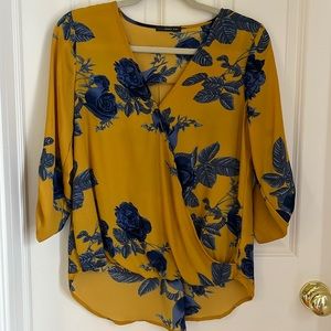 Stitch Fix high-lo wrap top, mustard yellow with blue flowers